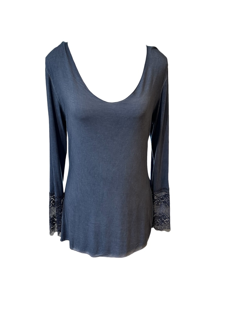 Tempo Paris Scoop Neck Long-Sleeve Top with Lace Cuffs - Charcoal blue Gray
